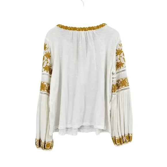 By Anthropologie Aja White Knit Golden Yellow Embroidered Long Sleeve Boho Top - Picture 12 of 15